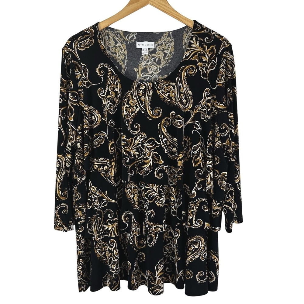 Susan Graver Tunic Top Womens 1X Black Gold Floral Paisley Layered Tiers Career